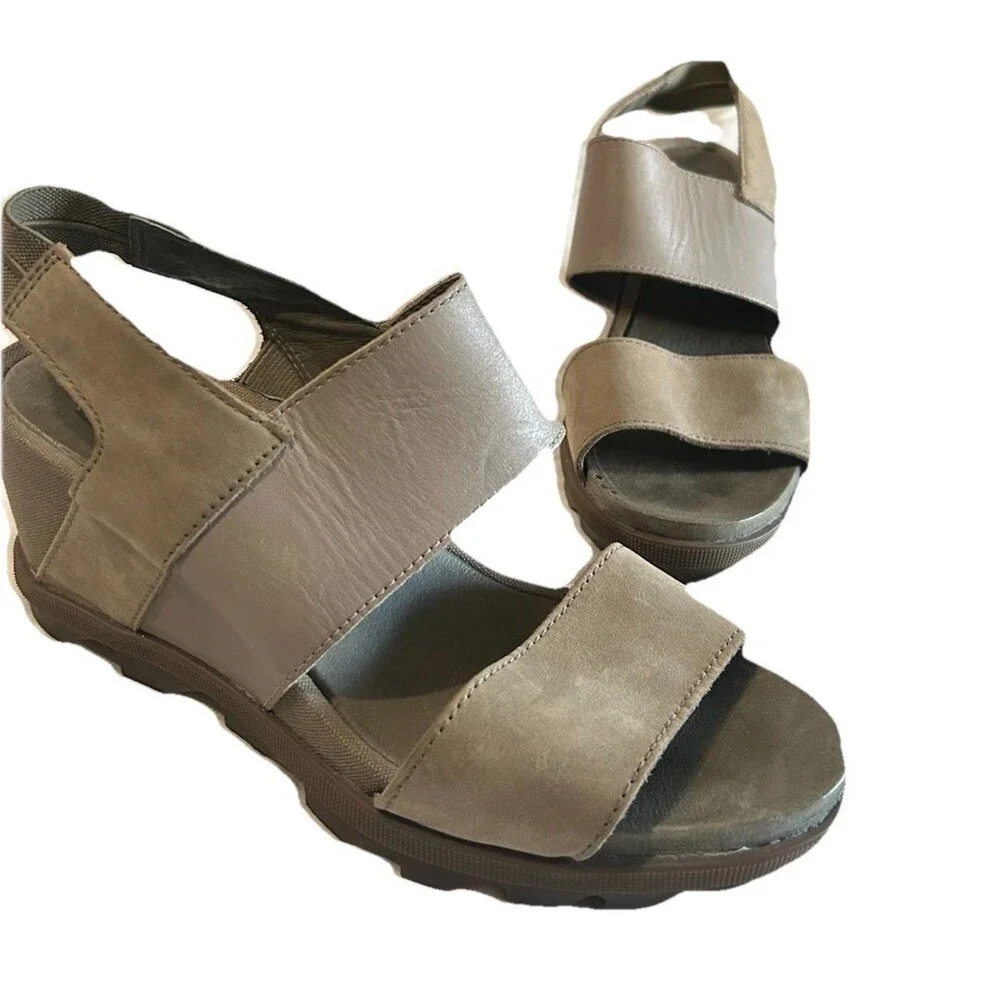 Sorel Joanie II Womens Size 8.5  Leather Slingback Wedge Sandal Taupe Grey